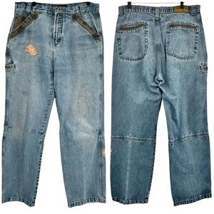 Vintage Bugle Boy Jeans Baggy Loose Fit Distressed Patched Blue Black Denim | 34